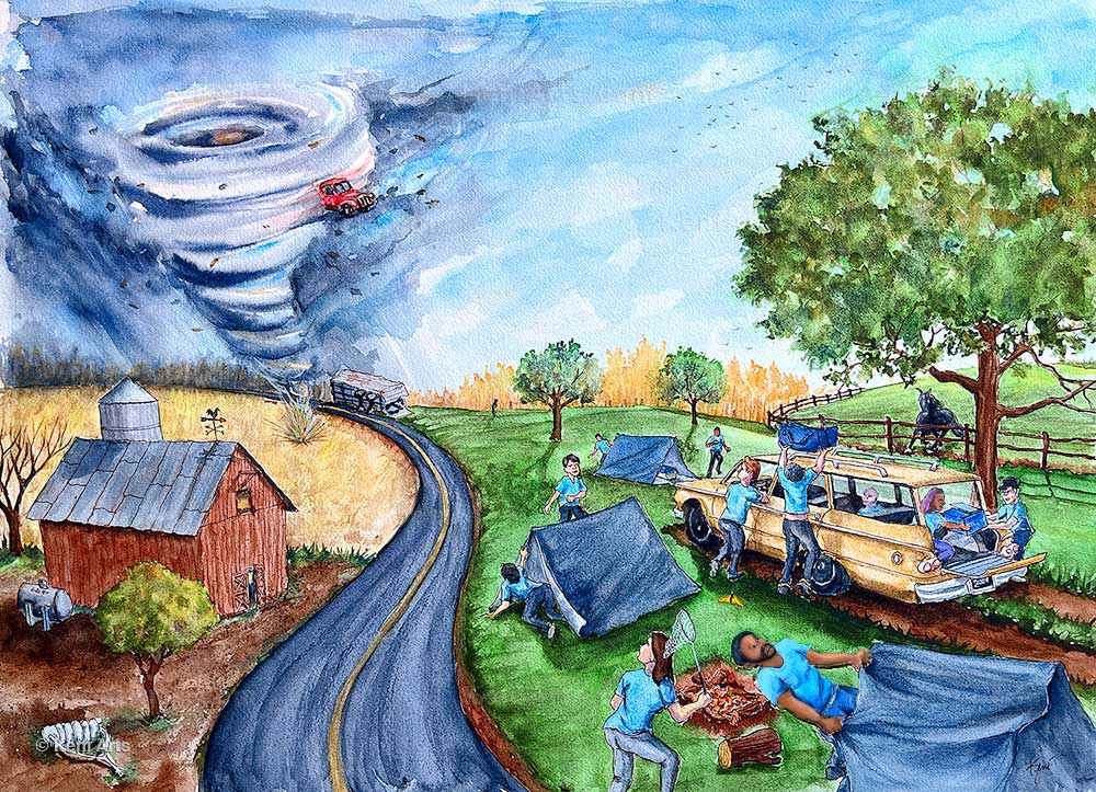 Watercolor painting of tornado and campers.